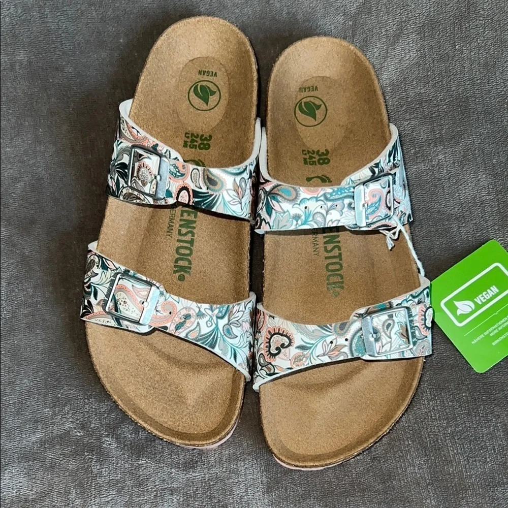 Birkenstock Green and White‎ Sandals with Cork Footbed